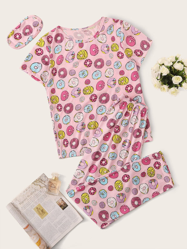 Donut Print Pajama Set With Eye Cover