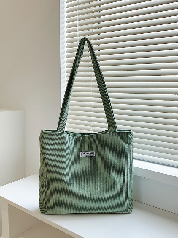 1pc Solid Color Corduroy Details One Shoulder Tote Bag