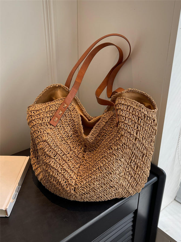 Large Capacity Woven Bag For Women,Handheld Shoulder Straw Tote Bag,Bag,Summer Woven Bag,Solid Color,1pc,Suitable For Gifts,Handmade Crochet Medium-Sized Women's Bag,Beach Essentials Women Bags For Vacation