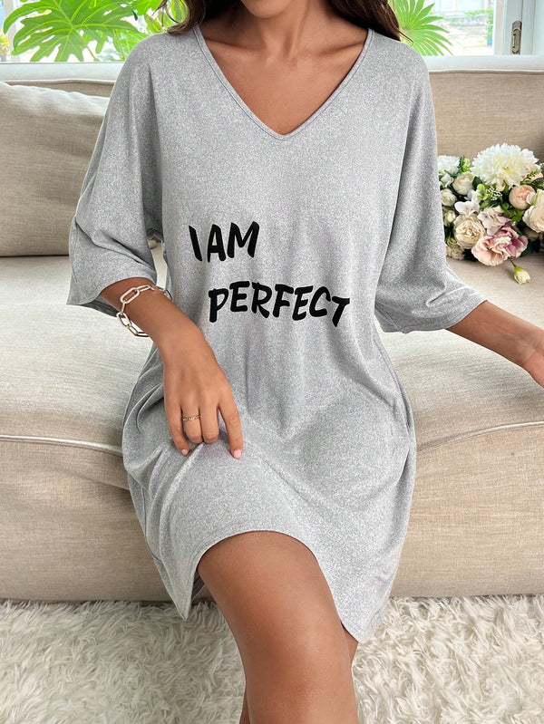 Slogan Graphic Batwing Sleeve Pajama Nightdress