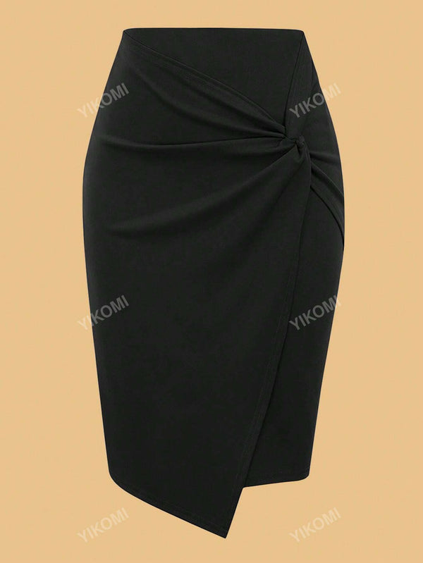 Twist Side Wrap Hem Solid Skirt