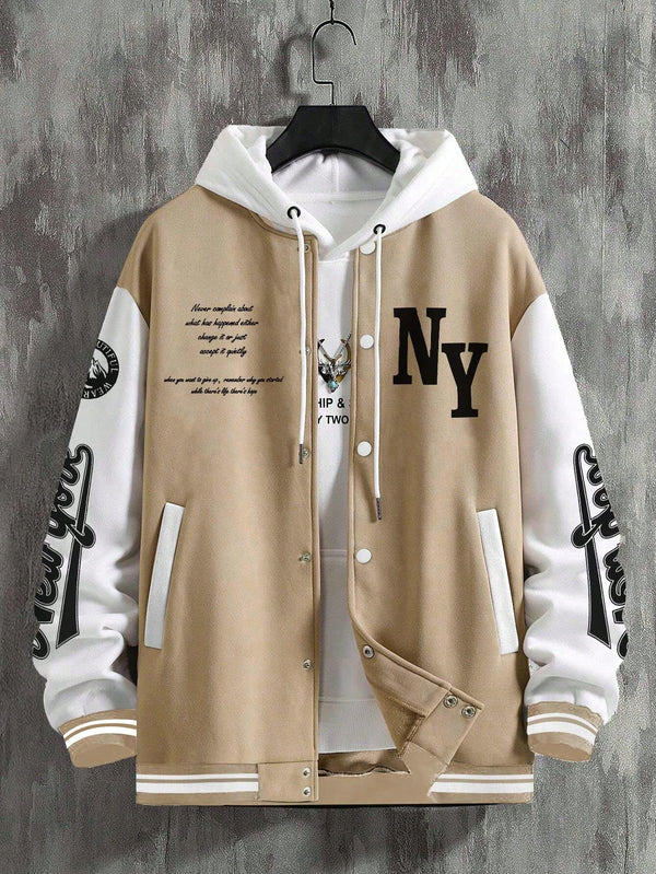 Manfinity Sporsity Men Slogan Graphic Two Tone Varsity Jacket