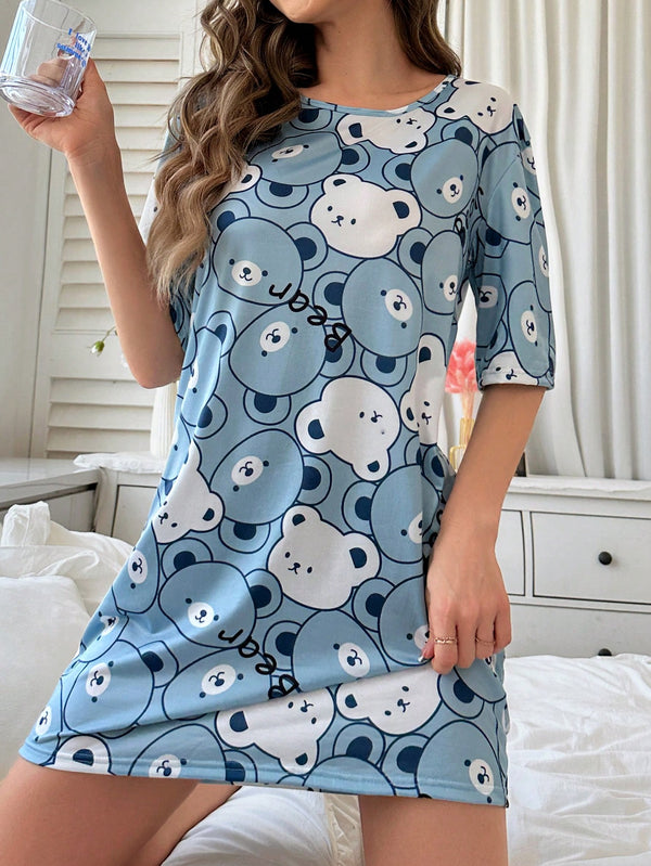 Cartoon Printed Sleepwear Pajama Dress