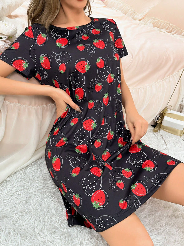 Women's Cute Strawberry Short Sleeve Sleep Dress Pajama Dress With Round Neckline