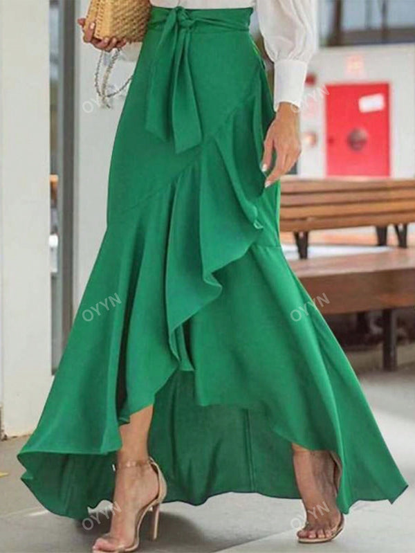 Women's Spring/Summer Fashion Casual Solid Color Belted Bodycon Asymmetric Ruffle Hem Fishtail Skirt, Elegant