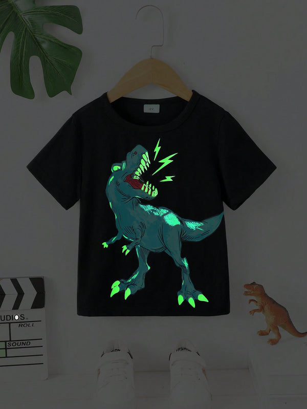 Young Boy Fashionable Dinosaur Roar Glow-In-The-Dark Printed Round Neck Short Sleeve T-Shirt, Spring/Summer