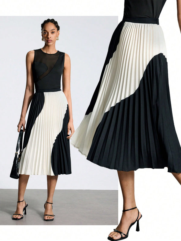 Maija Color Block Casual Pleated Skirt