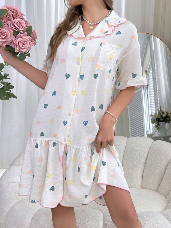 Women's Colorful Heart Printed Ruffle Collar Button-Front Pajama Sleepwear Dress