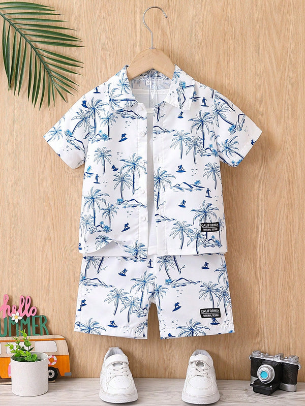 2pcs Set Young Boys' Casual Coconut Tree All Over Print Button Down Shirt