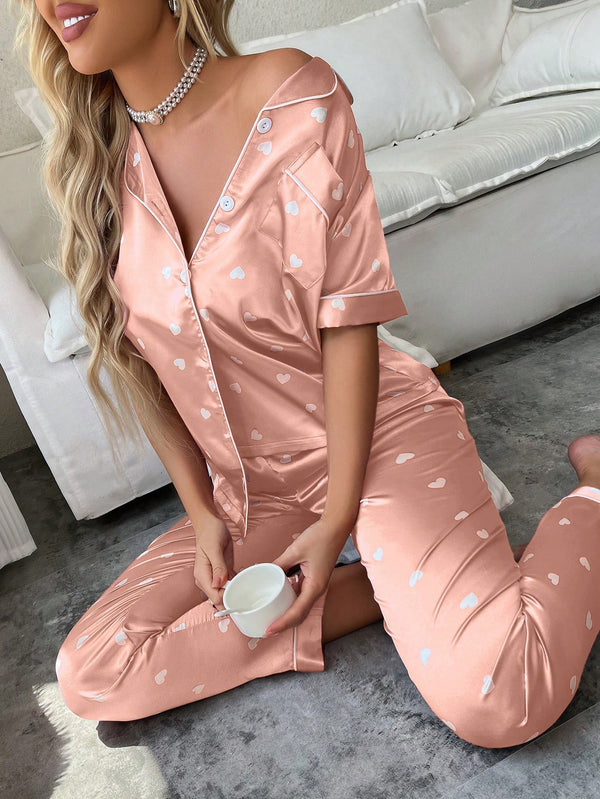 Simulated Silk Heart Print Short Sleeve Solid Color And Long Pants Pajamas Set With Contrast Trim