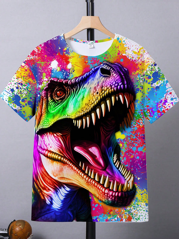 Tween Boy Dinosaur Printed Round Neck 3D Short Sleeve T-Shirt, Summer