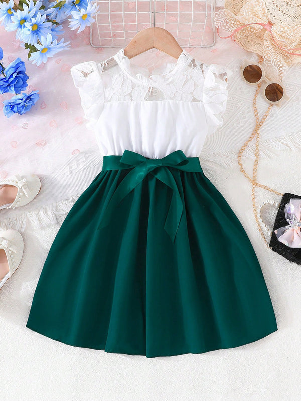 Young Girl Summer Elegant Color Block Ruffle Decoration Dress