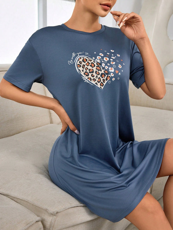 Women's Letter Leopard Print Round Neck Short Sleeve Casual T-Shirt Sleep Dress Pajama Dress