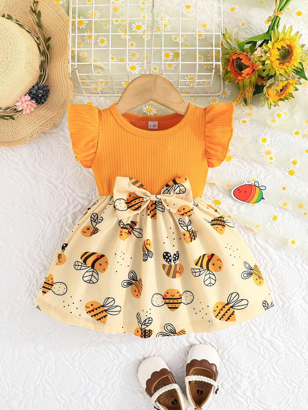 Baby Girl Summer Flutter Sleeve Dress, Lovely Bee Print With Bowknot And Stripe Design