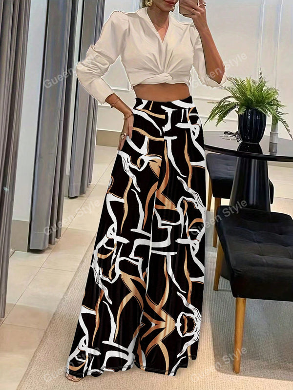 Elegant Printed Loose Wide-Leg Pants, Fashionable Trousers