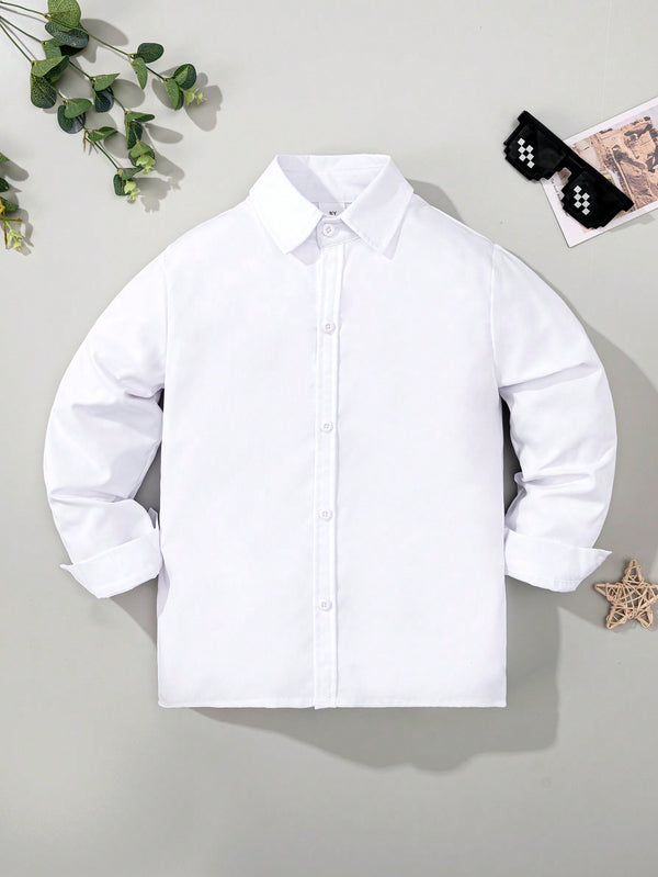 Tween Boy Classic College Style Casual/Formal Long Sleeve Shirt With Pocket Patch, White