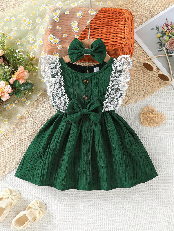 Baby Girl Summer Cute Bow Decoration Patchwork Round Neck Ruffle Hem Dress