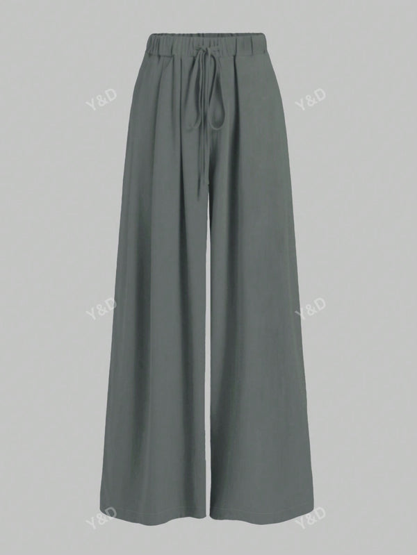 Women Casual Solid Elastic Waist Drawstring Wide Leg Pants