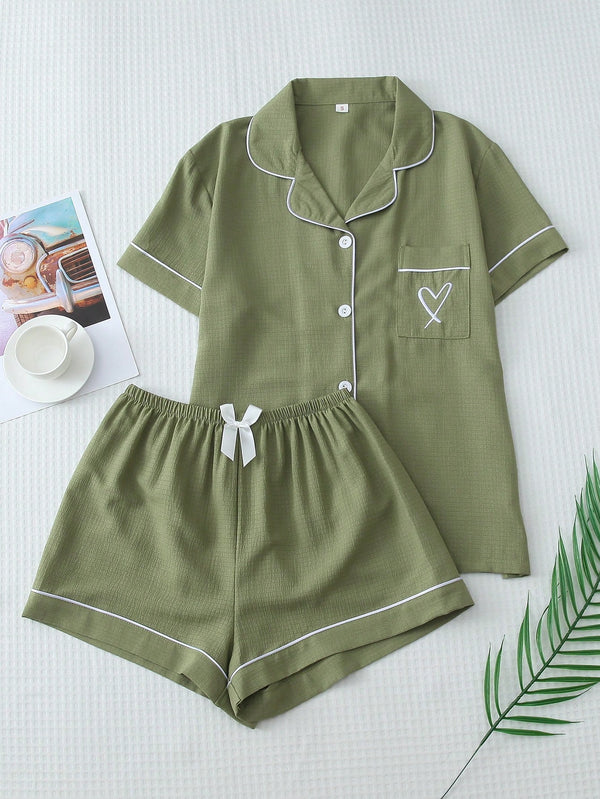 2pcs Women's Solid Color Summer Homewear Set With Contrast Trim, Embroidered Heart Short Sleeve Button-Up Shirt And Bowknot Shorts