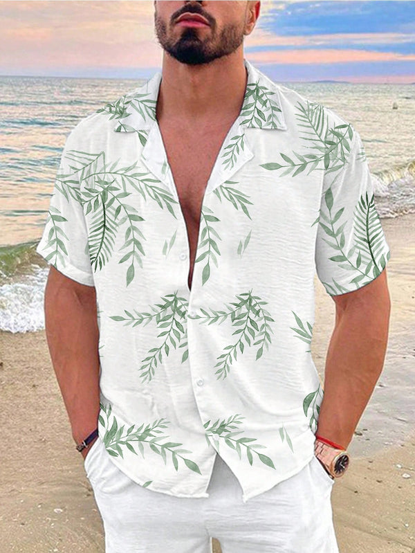 Manfinity RSRT Men's Botanical Printed Button Front Casual Short Sleeve Shirt, Summer