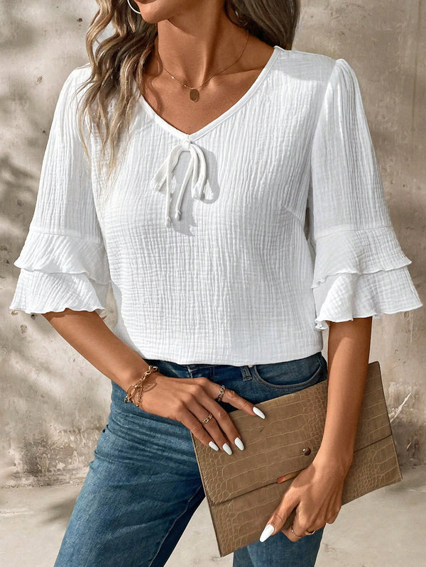 Short Sleeve V-Neck Casual Linen Blouse With Ruffled Hemline For Women