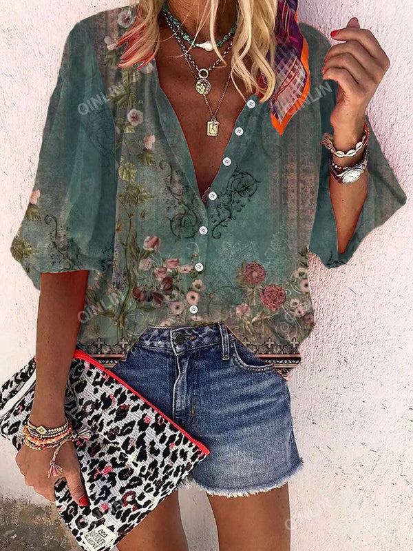 Women's Vintage Floral Print Vacation Leisure Shirt