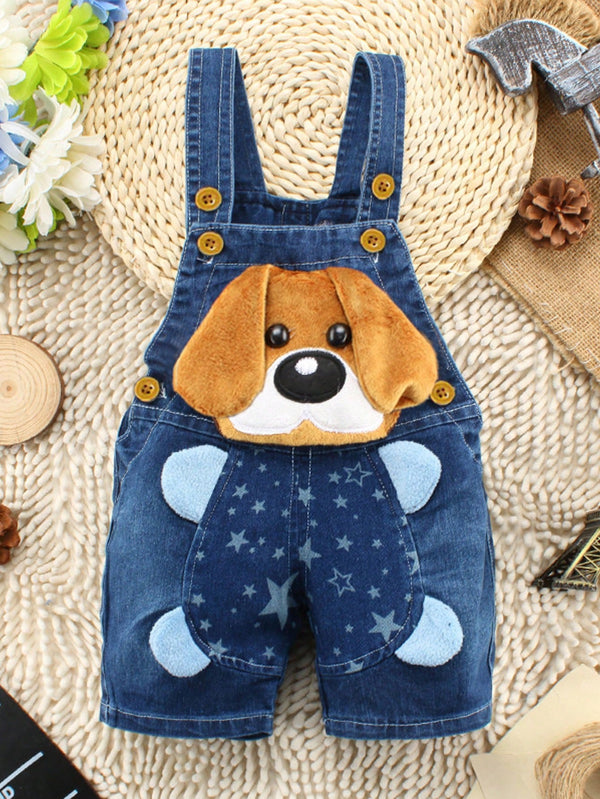 1pc Baby Boy Cute Animal Print Sleeveless Denim Romper, Summer Casual Outfit