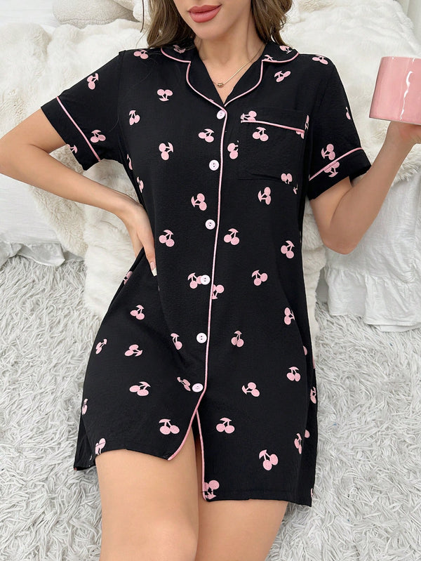 Colorblock Heart Print Lapel Collar Button Front Women's Sleep Dress Pajama Dress With Edging