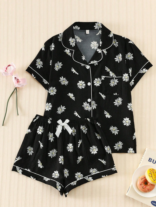 2pcs/Set Women's Daisy Printed Summer Pajama Set, Short Sleeve Button-Down Shirt And Shorts, Casual Loungewear For Summer.