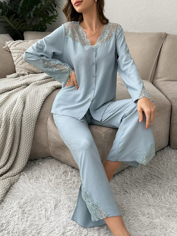 Women's Contrast Lace Cardigan And Pajama Set