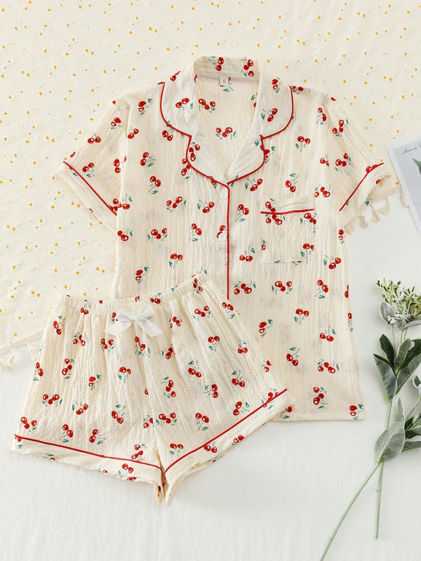 2pcs/Set Women's  Cherry  Printed Summer Pajama Set, Short Sleeve Button-Down Shirt And Shorts, Casual Loungewear For Summer.