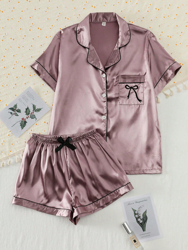 2pcs/Set Women's Bow Embroidered Satin Summer Pajama Set, Short Sleeve Button-Down Shirt And Shorts, Casual Loungewear For Summer.