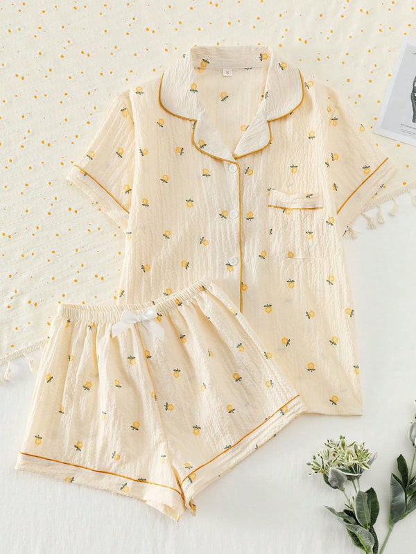 2pcs/Set Women's  Yellow Small Floral  Printed Summer Pajama Set, Short Sleeve Button-Down Shirt And Shorts, Casual Loungewear For Summer.