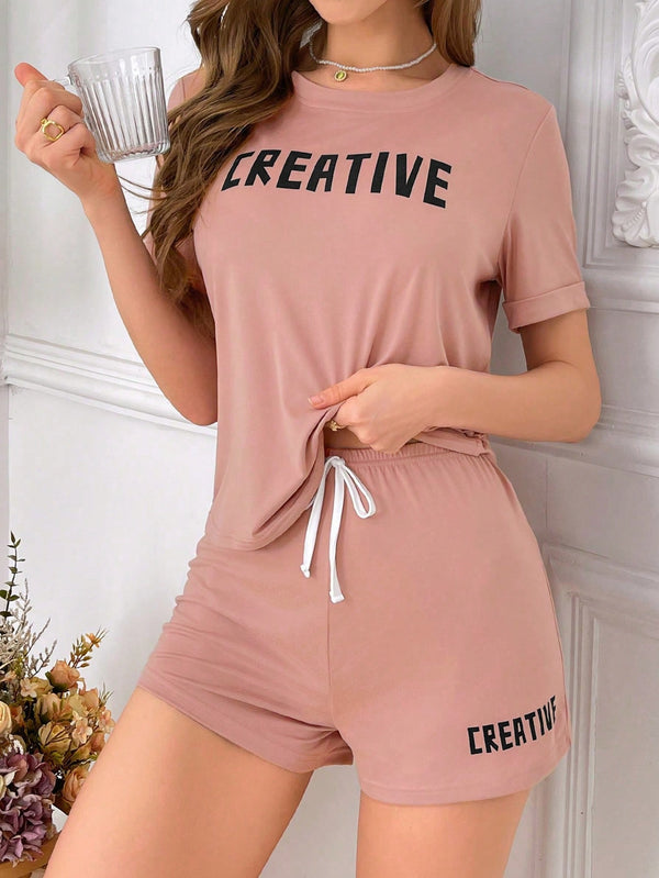 Women's Summer Letter Print Round Neck Short Sleeve T-Shirt And Tie Waist Shorts 2pcs Lounge Wear Set