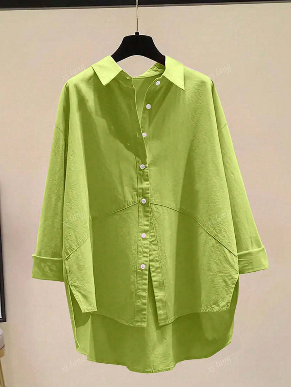 Women Simple Solid Color Button-Up Shirt,Ladies Casual High Low,Sheer Long Sleeve Collar Loose Regular Green Drop Shoulder Shirt Women Blouses,Spring/Fall ,Casual Daily Wear