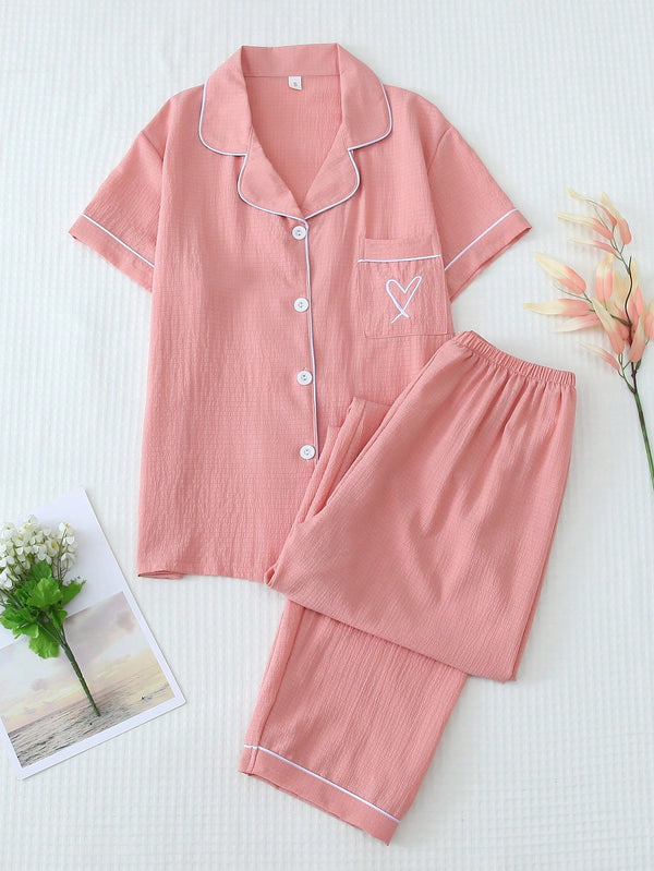 2pcs Women Sleepwear Set: Solid Color Shirt With Collar, Pockets, Heart Embroidery And Bow-Tie Long Pants, Suitable For Home Wear