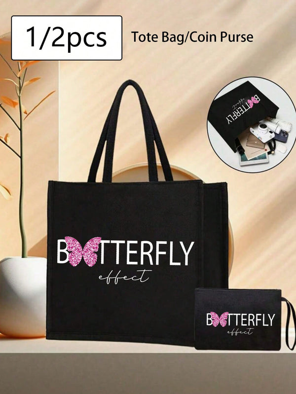 Fashionable And Simple Butterfly And Line Pattern Printed Canvas Tote Bagschool Bag,Large Capacity,Portable,Foldable,Classic Casual, Suitable For Teen Girls Women College Students, Perfect For Back To School,College,Middle School, High School