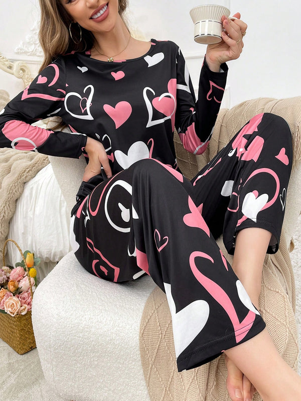 All Over Heart Print Crew Neck Lounge Pants Sleepwear Set