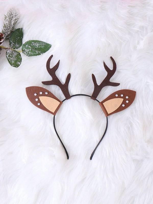 1pc Cute Brown Reindeer Antler Rhinestone Accented Reindeer Ear Headband With Pom Pom, Children Christmas Holiday Party Accessory