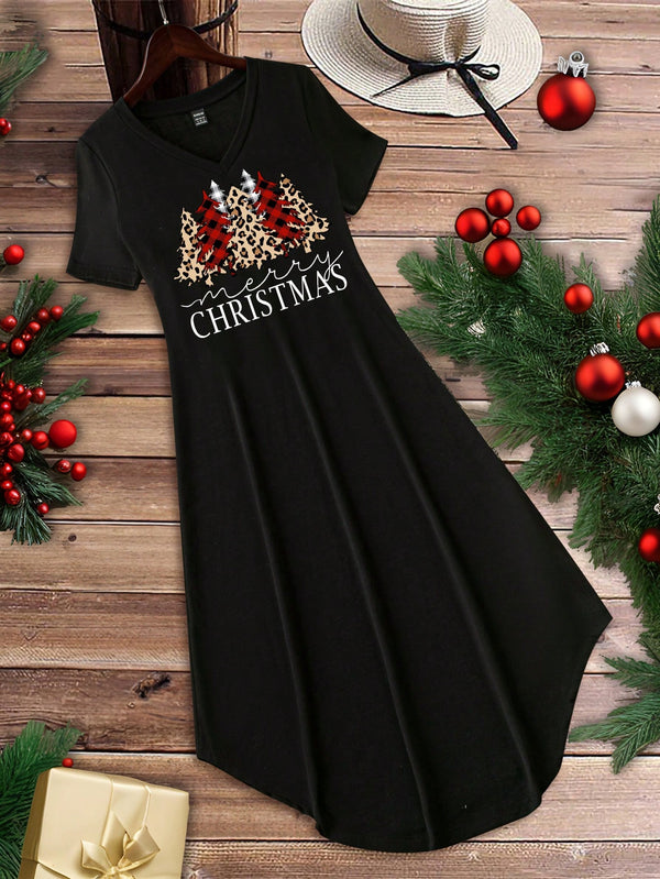 EMERY ROSE Casual Minimalist Floral Graphic V-Neck Short Sleeve Loose Long Dress, Suitable For Autumn, Winter, Christmas Tree Gift