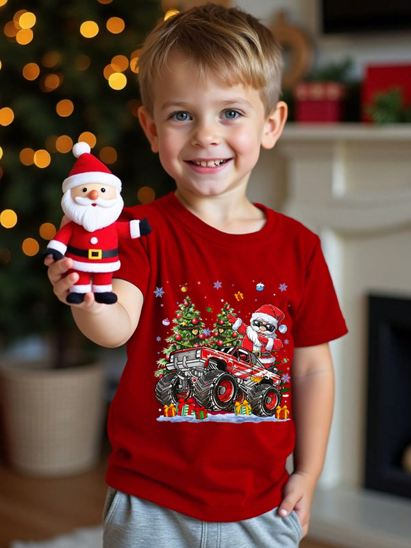 Young Boy Christmas Santa Claus Wearing Sunglasses Driving Red Pickup Truck Graphic Short Sleeve T-Shirt