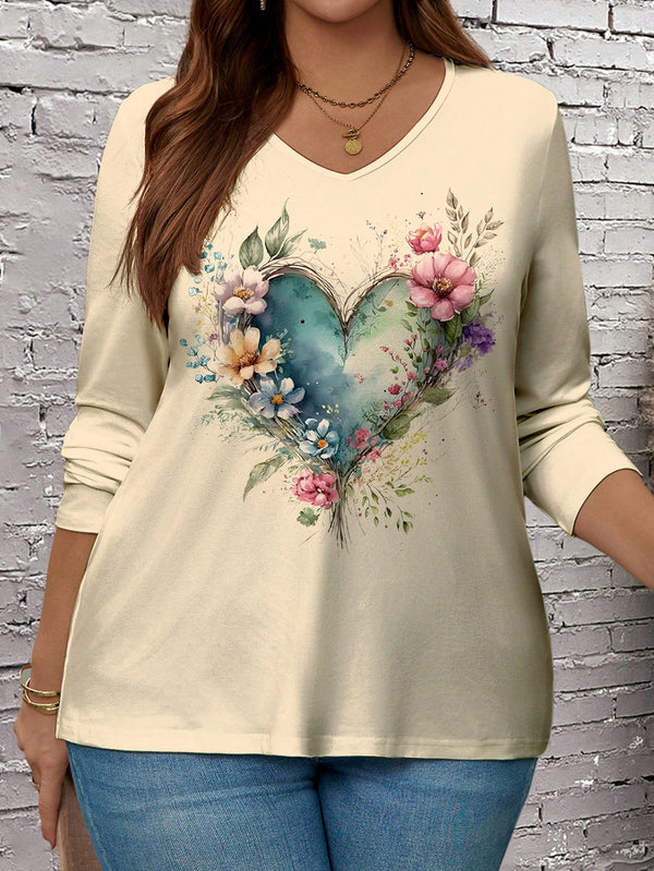 EMERY ROSE Casual Simple Heart Print Loose Fit Plus Size Women V-Neck Long Sleeve T-Shirt, Suitable For Autumn And Winter