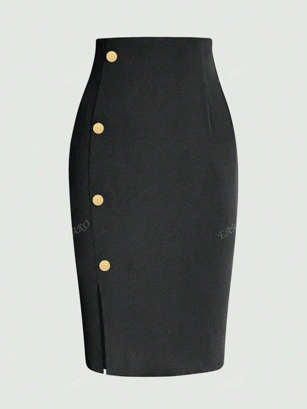 Women Button Decor Solid Color Pencil Midi Skirt