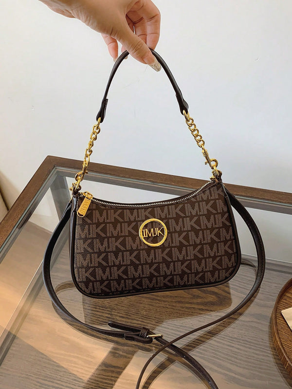 In 2024, The New Fashion Classic Joker Pu Waterproof Fabric M Letter Pattern Printing Design Metal Chain Decoration Design French Stick Bag Shoulder Bag Is Suitable For Shopping.