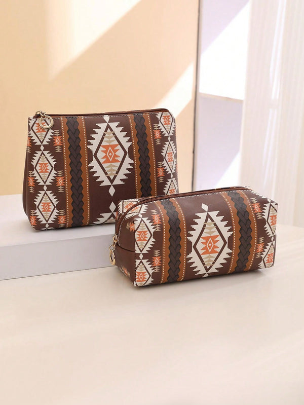 2pcs Travel Makeup Bag Bohemian PVC Leather Pattern Large Capacity Lightweight Toiletry Handbag Bath Shower Bag Cosmetic Organizer Cute Handbag Wallet Pouch Case Portable Cosmetics Brush Storage Clutch With Zipper