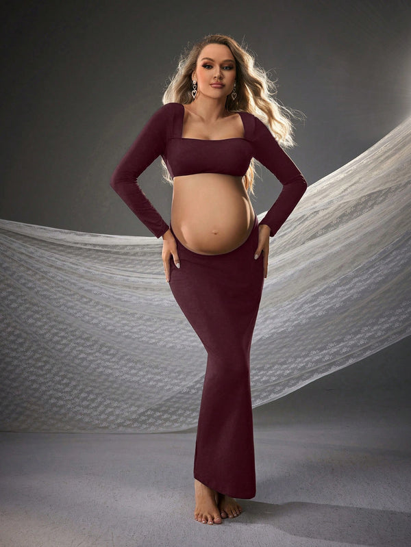 SHEIN Cherish Maternity فستان ممزوج للتصوير طويل مناسب للحمل بياقة مربعة وأكمام طويلة وخصر مفتوح وقصة ضيقة