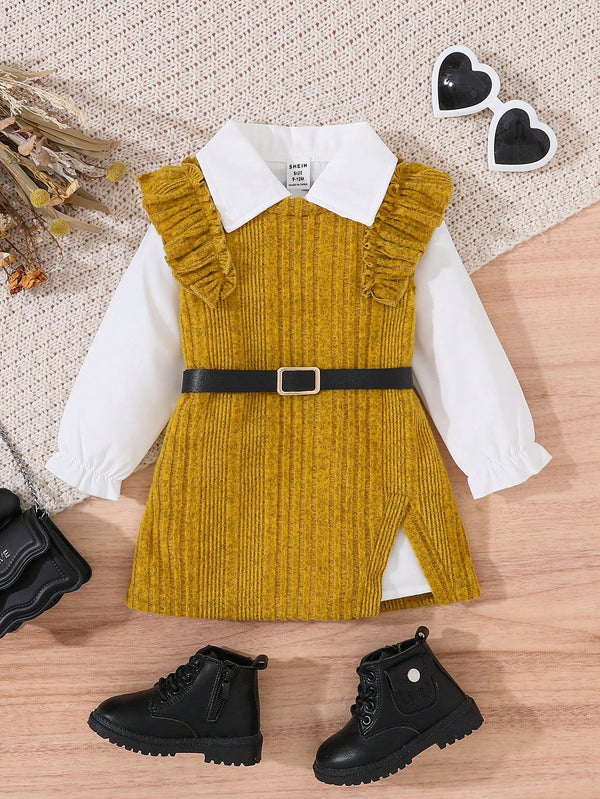 SHEIN Ranchside Kids 3 قطع مجموعة بنطال تويب وفستان رقيق للطفلة بأسلوب كاجوال وأنيق مع حزام، مناسب للخروج