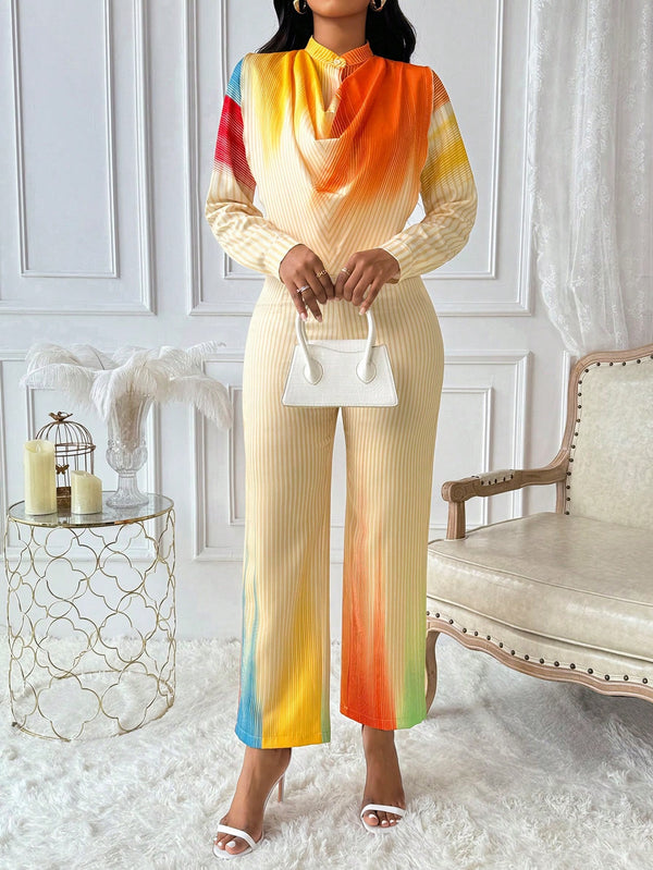 SHEIN Lady طقم قمصان وبناطيل طويلة للنساء بطبعات زهرية وتصميم غير متماثل مع أزرار، طقم عصري وأنيق من قطعتين